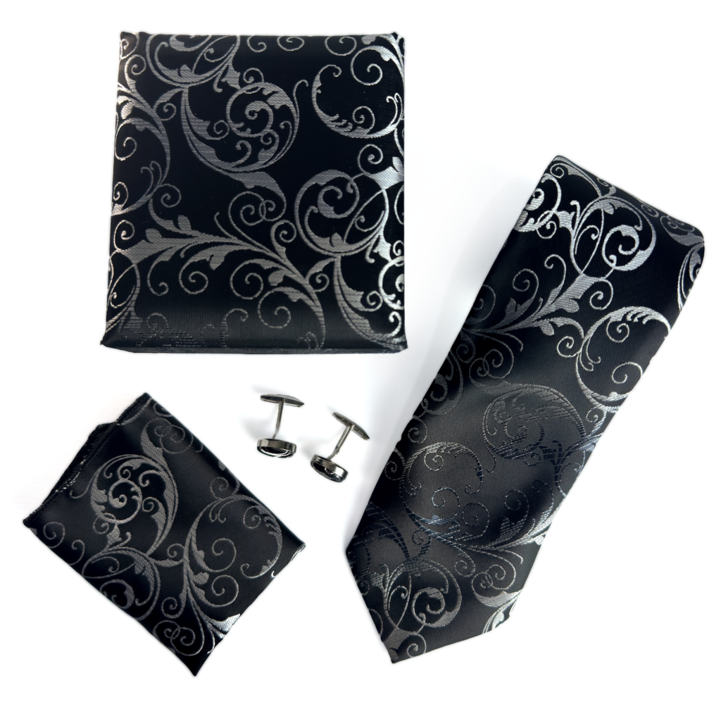 Black & Silver Damask Tie Set with matching pocket square and cufflinks