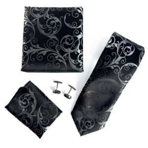 Black & Silver Damask Tie Set with matching pocket square and cufflinks