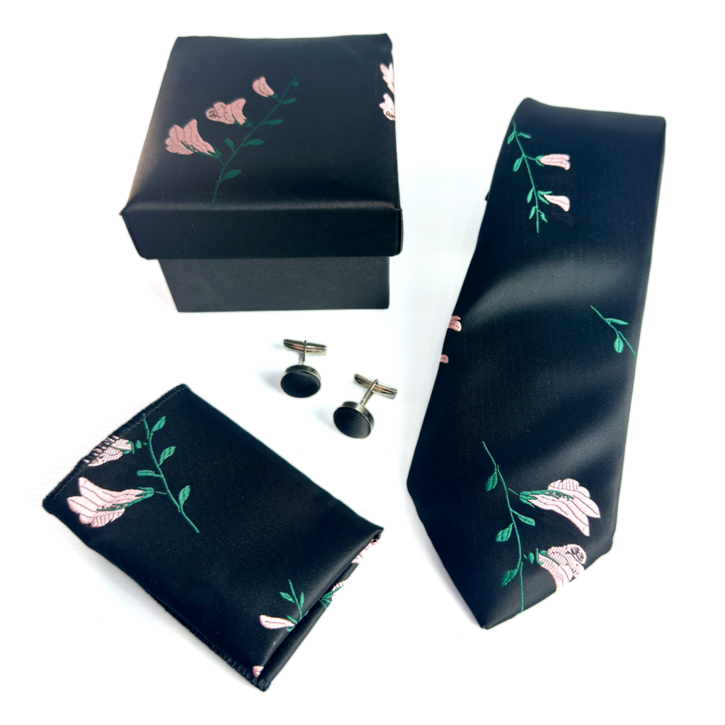 Black Floral Tie Set with matching pocket square and cufflinks