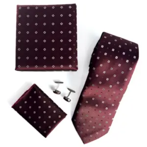burgundy geometric dot tie set with matching pocket square and cufflinks