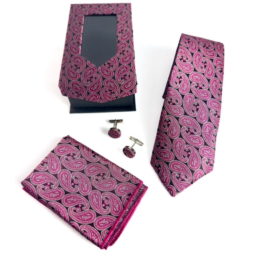 magenta paisley tie set with matching pocket square, cufflinks and gift box