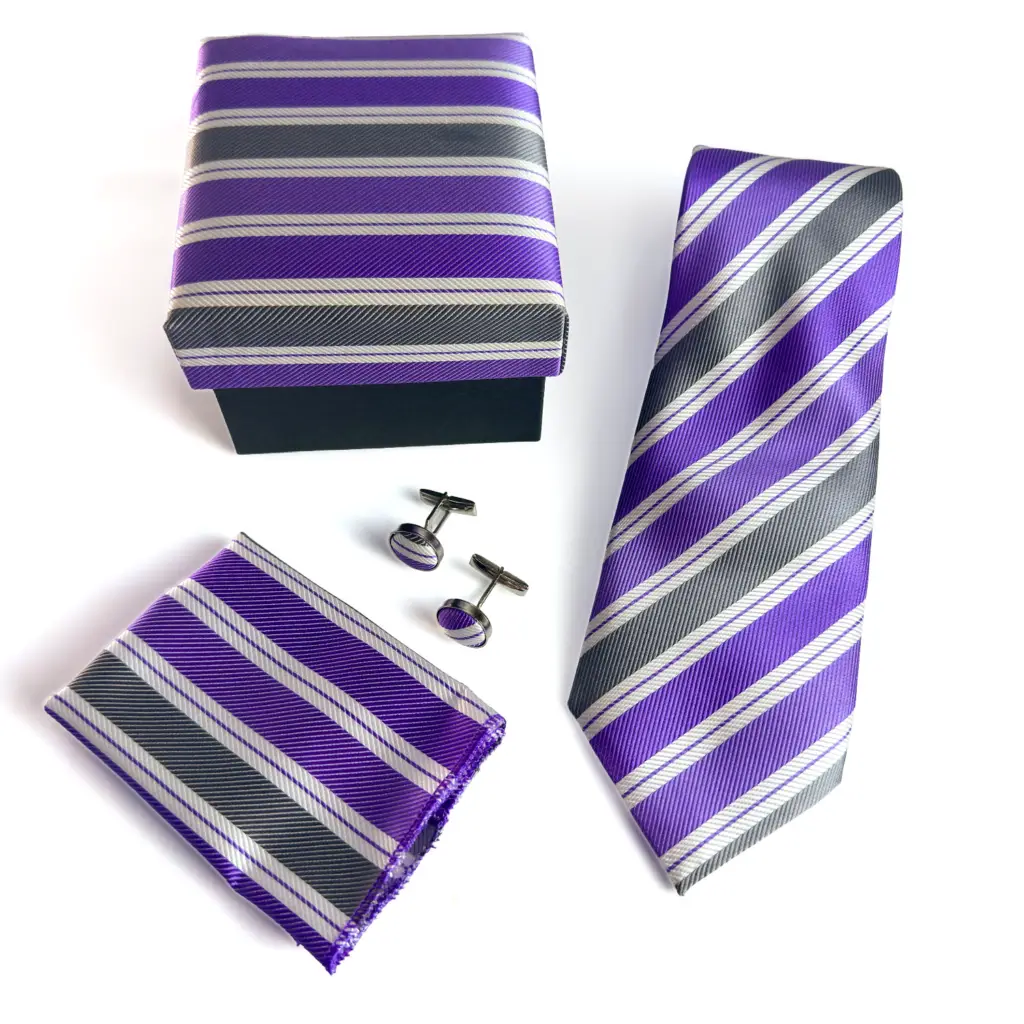 Royal Purple & Charcoal Striped Tie Set with matching pocket square and cufflinks