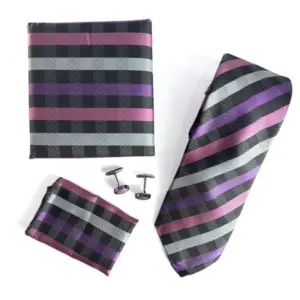 Purple & Silver Striped Tie Set with matching pocket square and cufflinks