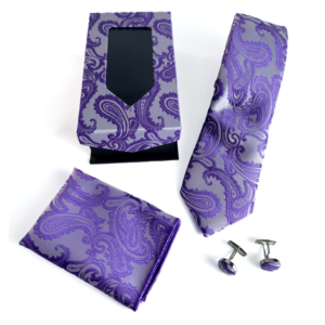 lavender paisley tie set with matching pocket square, cufflinks and gift box