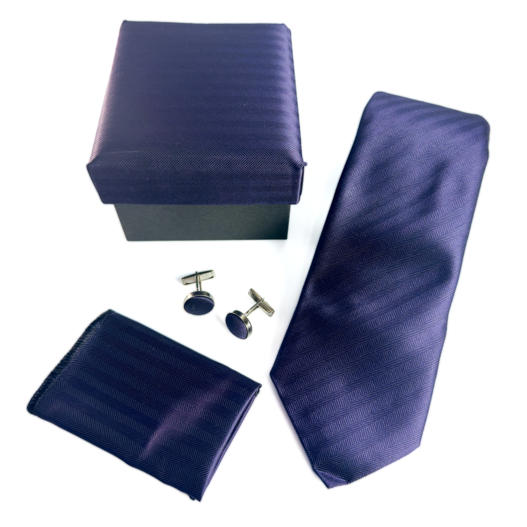 Deep Purple Herringbone Tie Set with matching pocket square and cufflinks