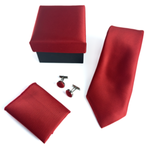 Burnt Red Micro Herringbone Tie Set with matching pocket square and cufflinks