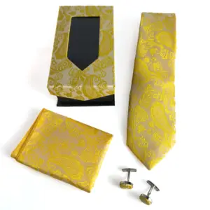 gold paisley tie set with matching pocket square, cufflinks and gift box