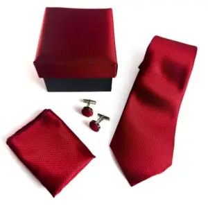 Ruby Red Micro Basket Weave Tie Set with matching pocket square, cufflinks and gift box
