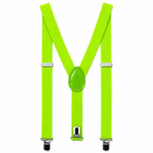 Neon Green Clip-On Suspenders with adjustable elastic straps, silver-tone clips and a classic Y-back design.