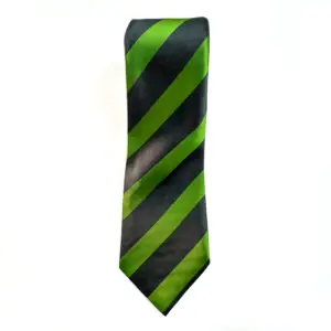 Black & Green Striped Tie featuring bold diagonal green stripes on a premium black twill fabric for business attire, weddings and formal occasions.