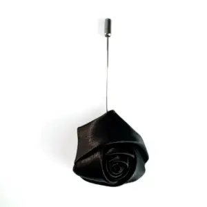 Black Satin Folded Rose Lapel Pin with a premium satin finish and secure stick pin fastening for weddings and formal occasions.