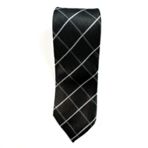 Black & Silver Windowpane Check Tie featuring a premium twill weave with a sophisticated silver windowpane pattern for business attire, weddings and formal occasions.