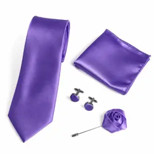 purple satin tie set with matching pocket square, cufflinks and lapel flower