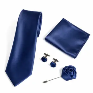 Navy Blue Satin Tie Set with matching pocket square, cufflinks and lapel flower