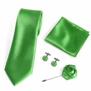 Green satin tie set with matching pocket square, cufflinks and lapel flower