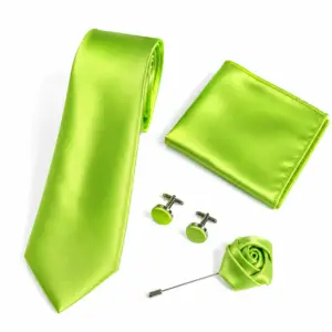Neon Green Satin Tie Set with matching pocket square, cufflinks and lapel flower