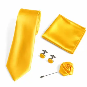Golden Yellow Satin Tie Set with matching pocket square, fabric-covered cufflinks and satin rose lapel flower pin on a white background.