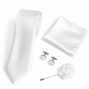 White Satin Tie Set with Lapel Flower Pin including a matching pocket square, round cufflinks and fabric lapel flower pin for weddings and formal occasions.