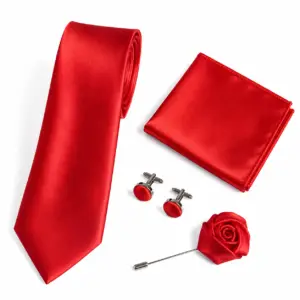 Bright red satin tie set with matching pocket square, round cufflinks and fabric lapel flower pin for weddings and formal occasions.