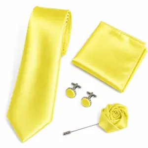 Lemon Yellow Satin Tie Set with Lapel Flower Pin including a matching pocket square, round cufflinks and fabric lapel flower pin for weddings and formal occasions.