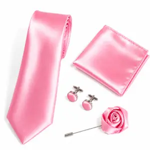 Baby Pink Satin Tie Set with Lapel Flower Pin including a matching pocket square, round cufflinks and fabric lapel flower pin for weddings and formal occasions.