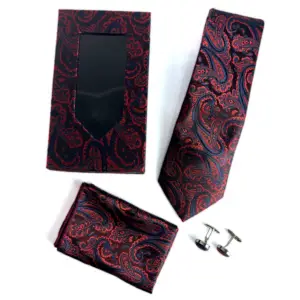 midnight navy and burgundy paisley tie set with matching pocket square and cufflinks