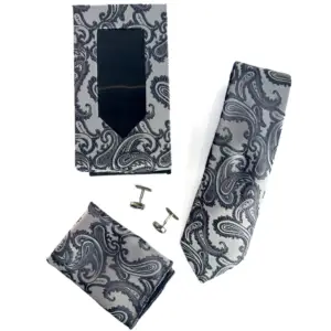 purple paisley tie set with matching pocket square, cufflinks and gift box