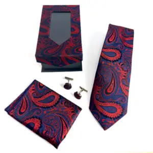 navy and ruby paisley tie set with matching pocket square, cufflinks and gift box