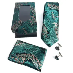 teal paisley tie set with matching pocket square, cufflinks and gift box
