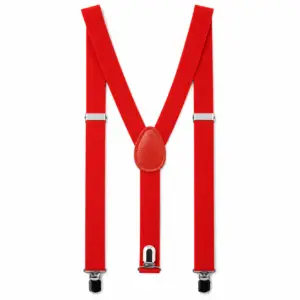 Red Clip-On Suspenders with adjustable elastic straps, silver-tone clips and a classic Y-back design.