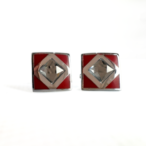 Silver & Red Crystal Square Cufflinks with polished silver-tone metal, red enamel detailing and a faceted clear crystal centre.